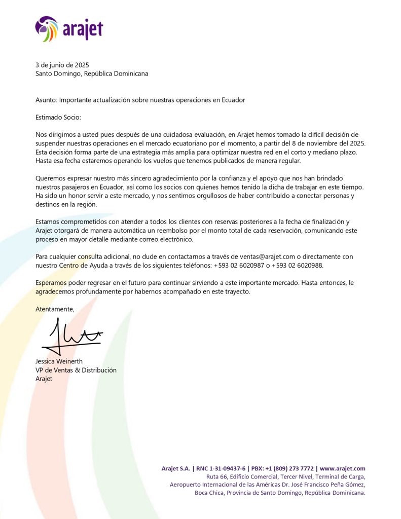 arajet deja de operar en Ecuador