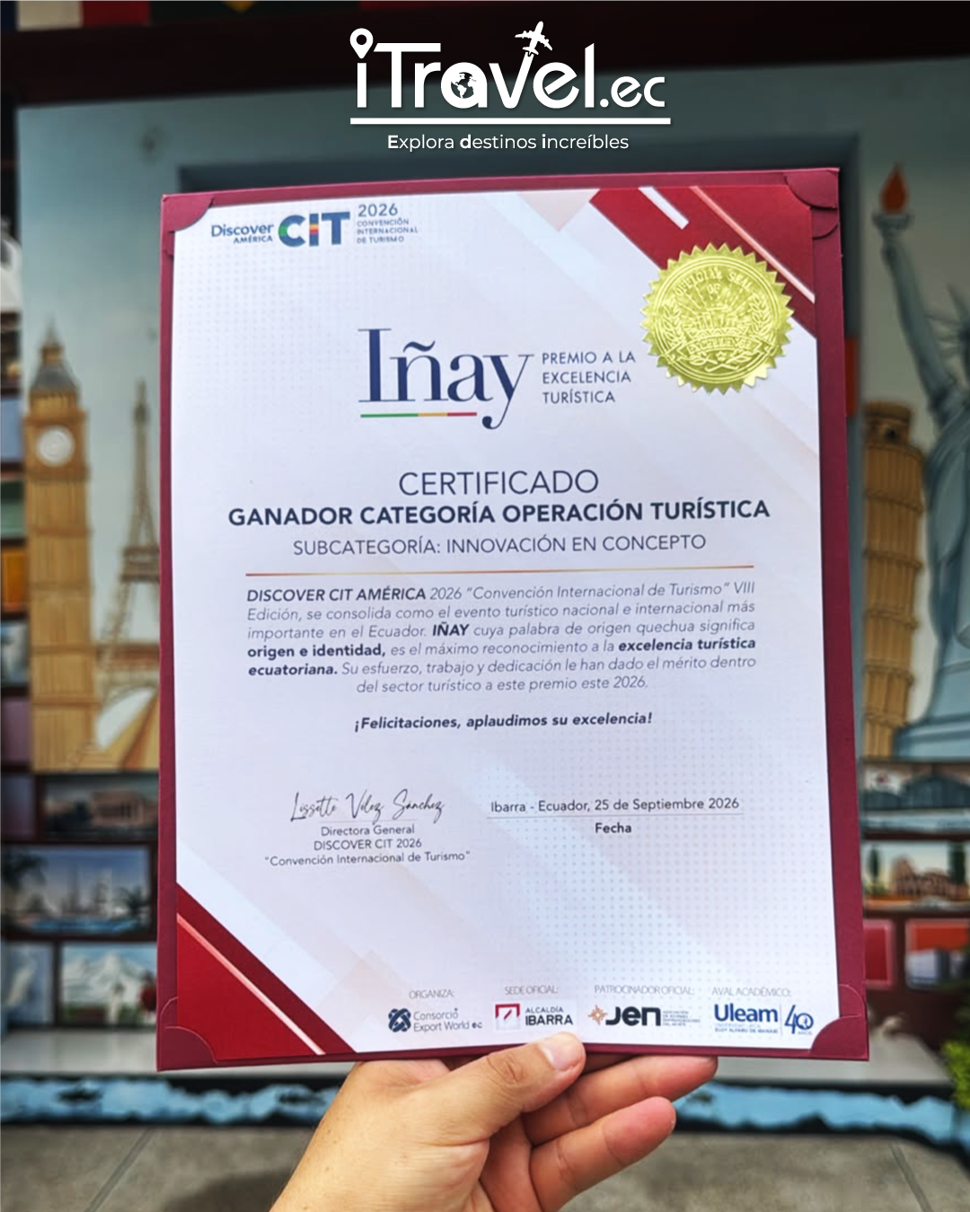 Nuestro agradecimiento - iTravel.ec, Premio Iñay 2026, Categoría Operación Turística, Subcategoría Innovación.
